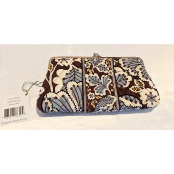 Vera Bradley Slate Blooms Clutch Wallet Double Kiss Lock Brown/Blue Paisley NWT - Picture 1 of 10